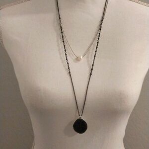 Lucky Brand long necklace black druzy pendant freshwater pearl